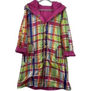 Ubu Size M Reversible Rain Jacket Multicolor Plaid Pink Pleated Hood Pockets